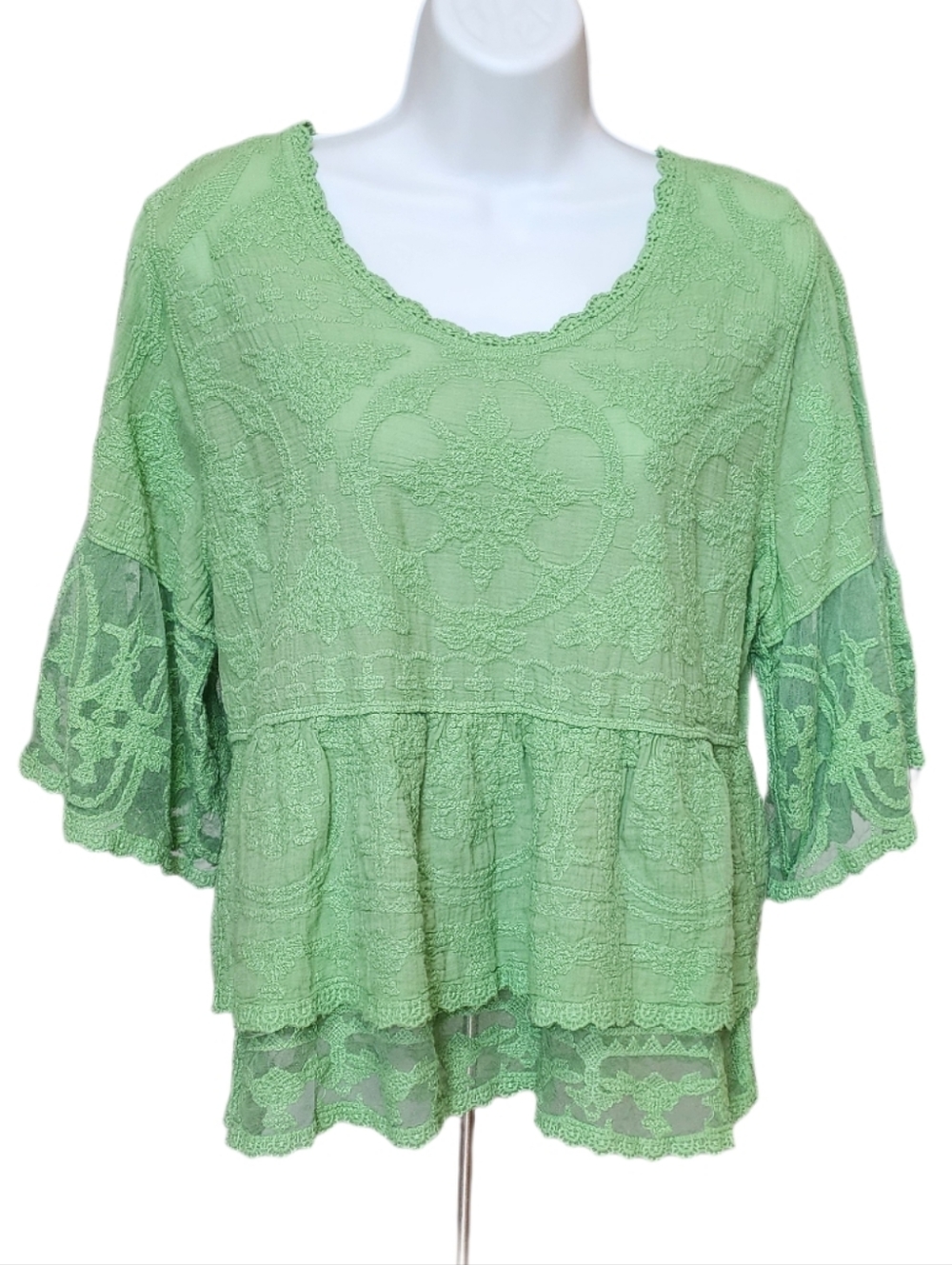 Democracy 3/4 Bell Sleeve Scoop Neck Double Flounce Hem Embroidered peplum top S